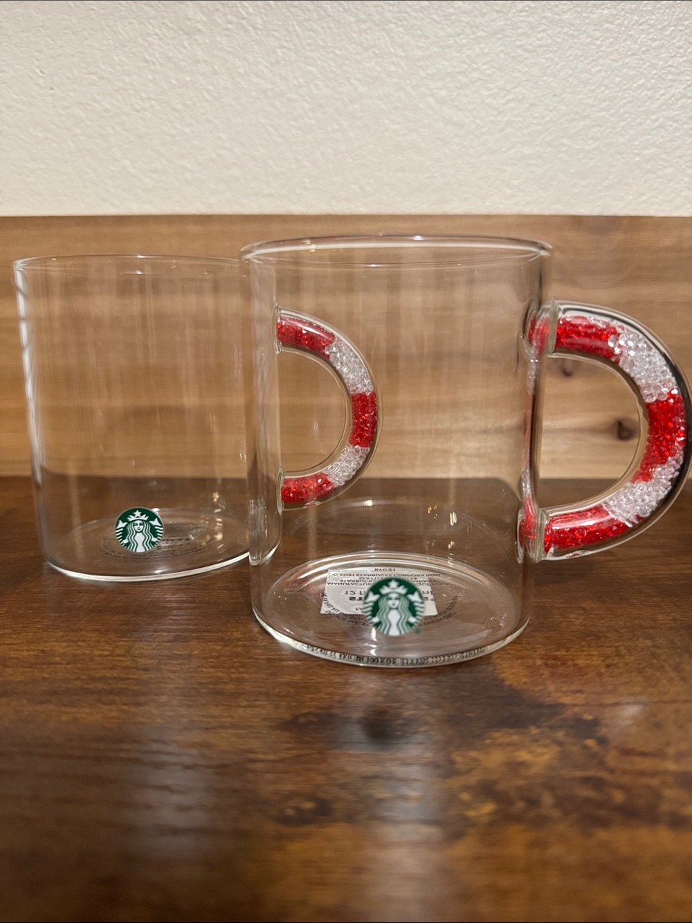 (2) Starbucks Clear Glass Candy Cane Christmas Mug Holiday